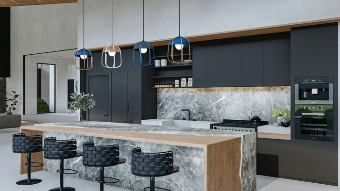a modern kitchen with marble and wood counter tops and black bar chairs a modern kitchen with marble and wood counter tops and black bar chairs