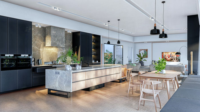 a large open kitchen with a kitchen island as a visual divider and a dining table with chairs a large open kitchen with a kitchen island as a visual divider and a dining table with chairs