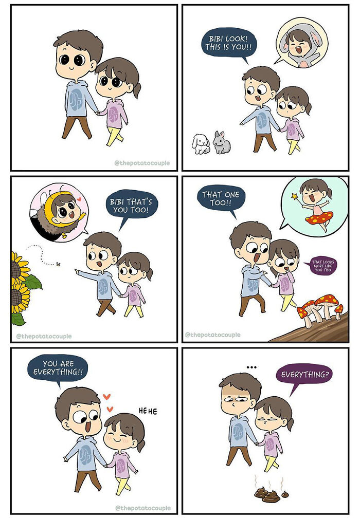 Cute comic about a couple’s relationship, showing funny and relatable moments couples often experience together.