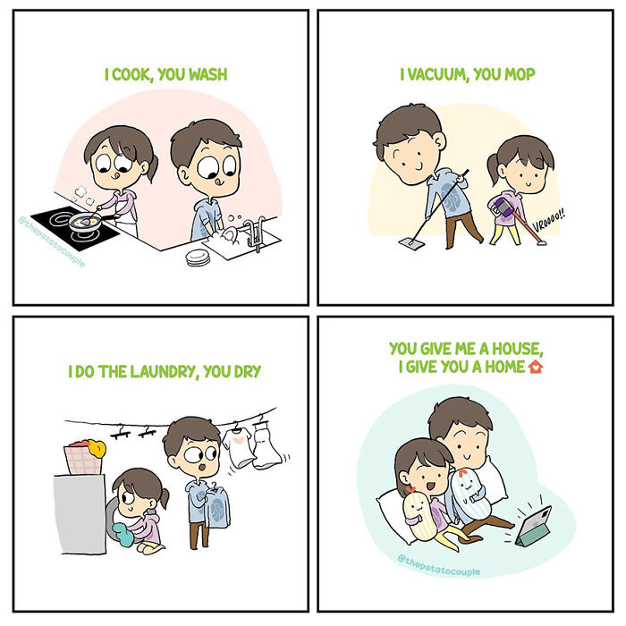 Comic panels showing a couple sharing household chores, illustrating relatable moments in their relationship through simple drawings.