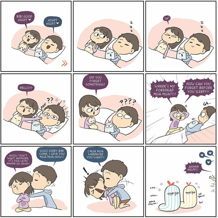 Comic panels showing a couple’s relatable bedtime routine, highlighting their affectionate and playful relationship moments.