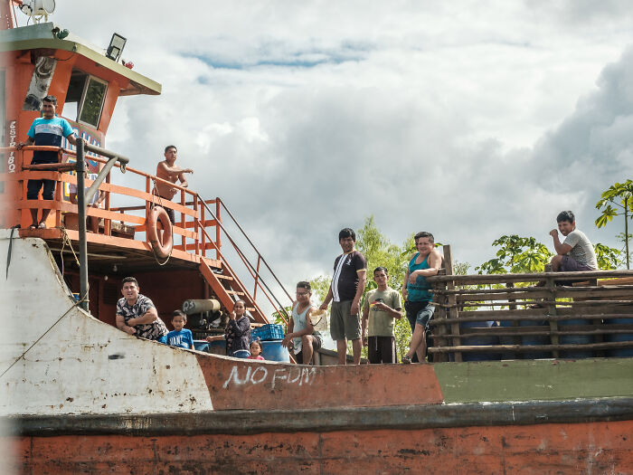 Another cargo boat traveling in the opposite direction Another cargo boat traveling in the opposite direction