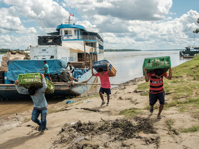Men carry plastic cages with chickens in them, Tamshiyacu Men carry plastic cages with chickens in them, Tamshiyacu