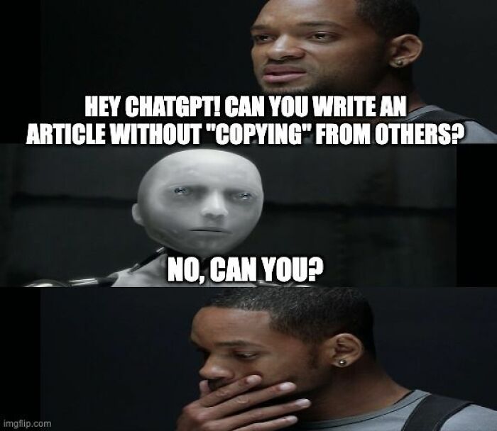 A humorous AI meme featuring a man and a robot discussing originality.