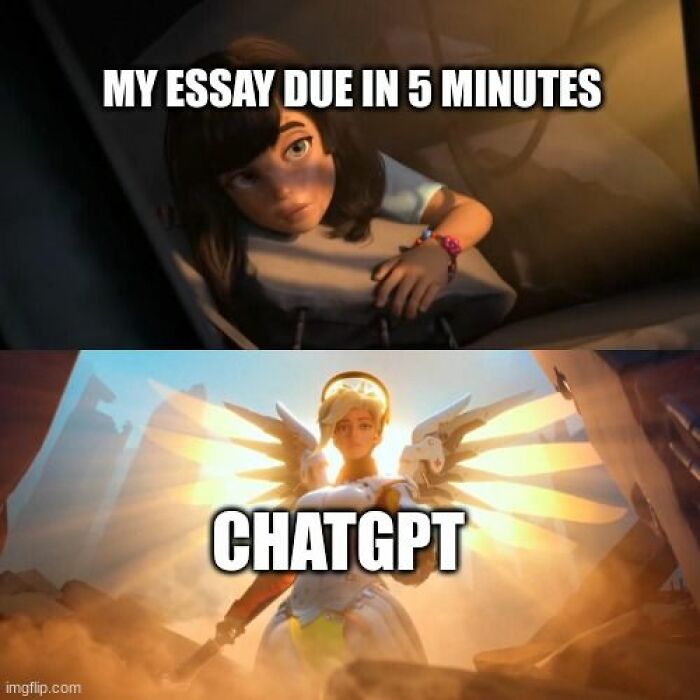 Child in panic above, angelic figure below captioned "ChatGPT," illustrating a funny ChatGPT meme.
