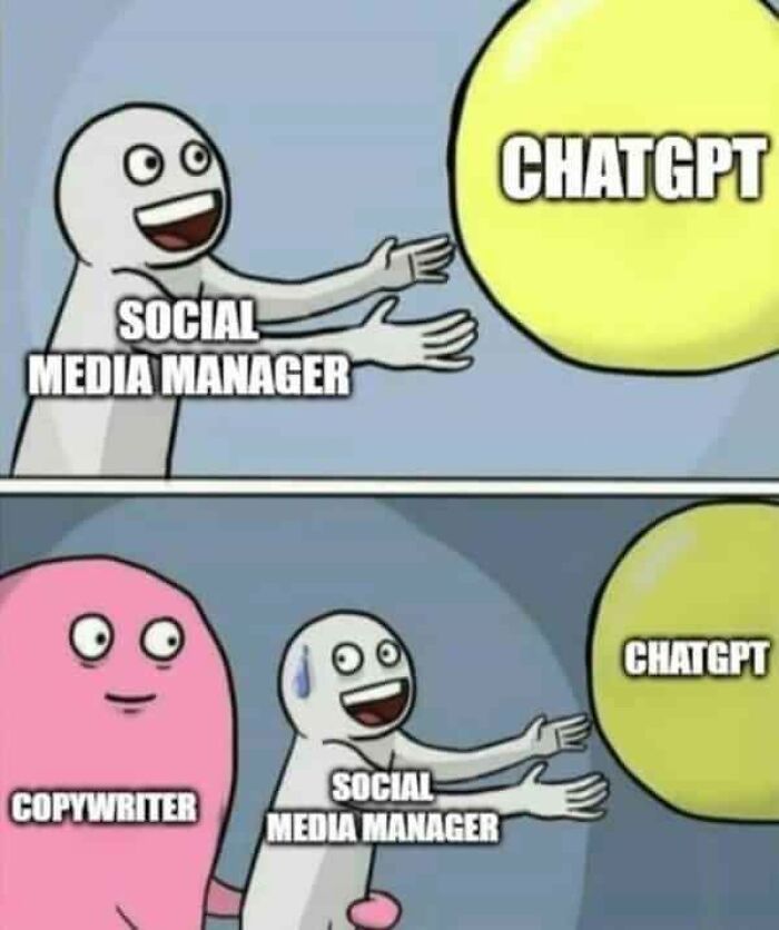 Social media manager reaching for ChatGPT, while overlooked copywriter watches, in a humorous meme about AI.