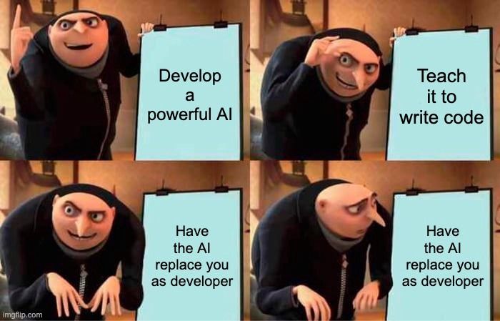 A meme of a character presenting a plan for AI to replace developers, using humor to address job concerns in tech.