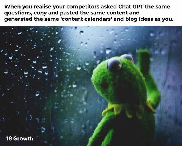 Kermit looking out a rainy window, humorously reflecting on AI stealing job content in a meme.