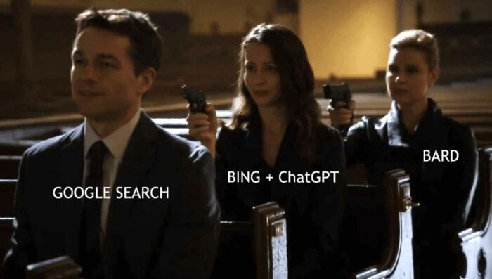 Google Search sitting unaware while Bing + ChatGPT and Bard aim toy guns humorously, depicting AI competition.