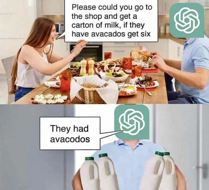 ChatGPT meme with a grocery shopping misunderstanding about milk and avocados.