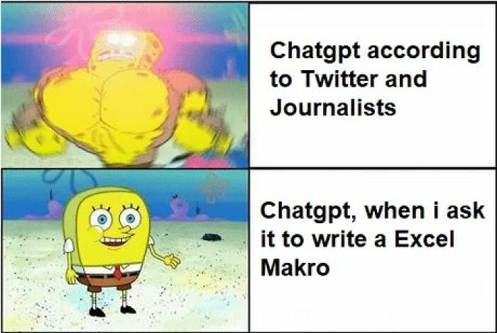 SpongeBob meme comparing ChatGPT's perceived strength to its actual performance, highlighting funny meme contrasts.