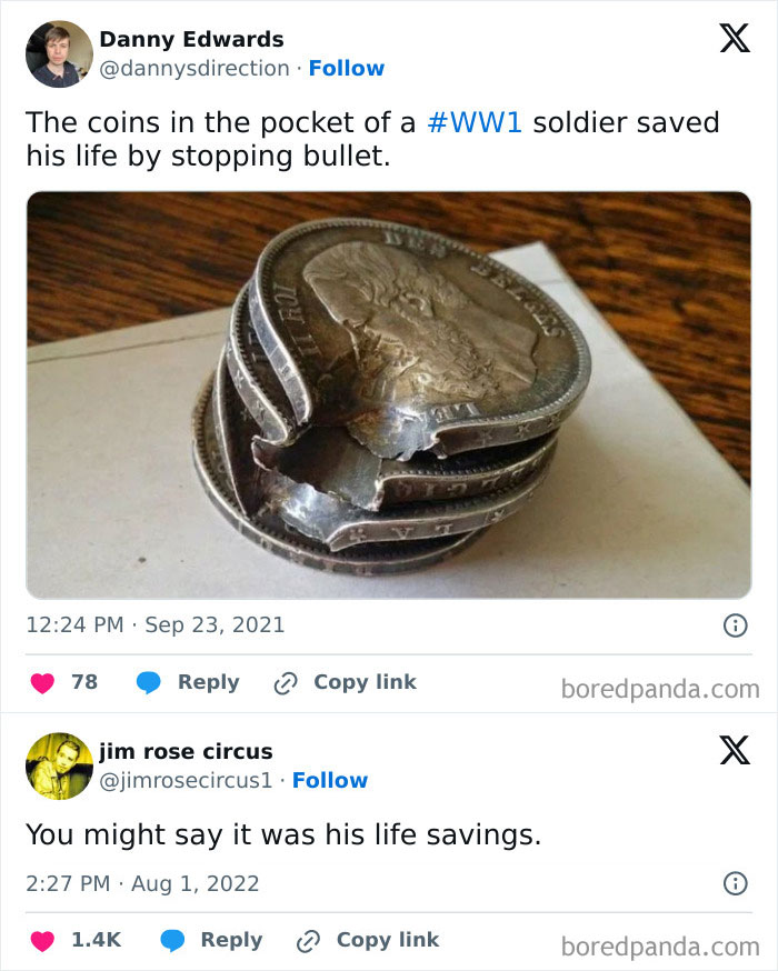Stack of dented coins that stopped a bullet, illustrating a weird meme scenario.
