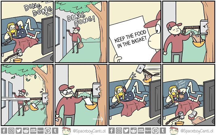 Comic strip by SpaceboyCantLOL showing a man ringing a doorbell and a cat causing chaos with unexpected dark endings.