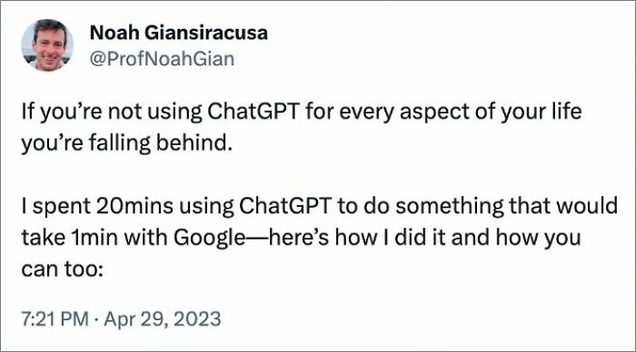 ChatGPT meme tweet humorously comparing AI use to Google efficiency.