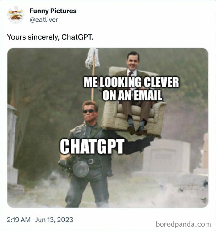 Man in military gear carrying chair with seated person labeled "ChatGPT meme humor."