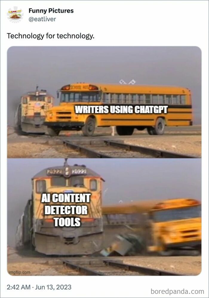 Train labeled "AI content detector tools" crashing into a school bus labeled "Writers using ChatGPT."