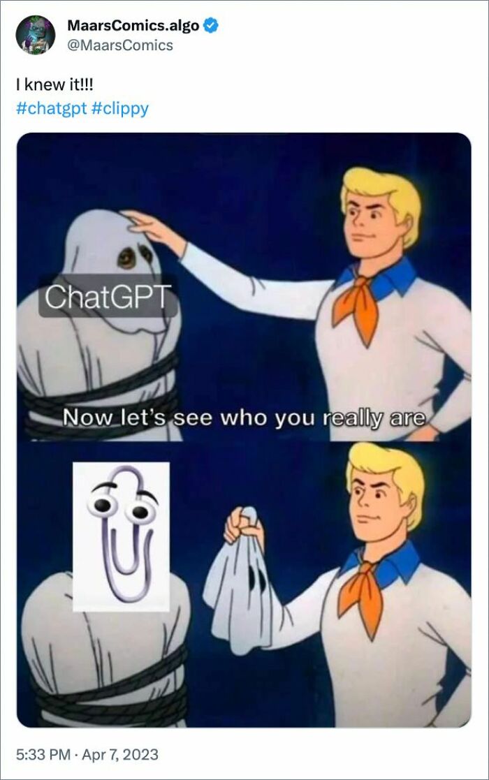 Scooby-Doo meme revealing Clippy under a ChatGPT mask, humorously highlighting AI themes.