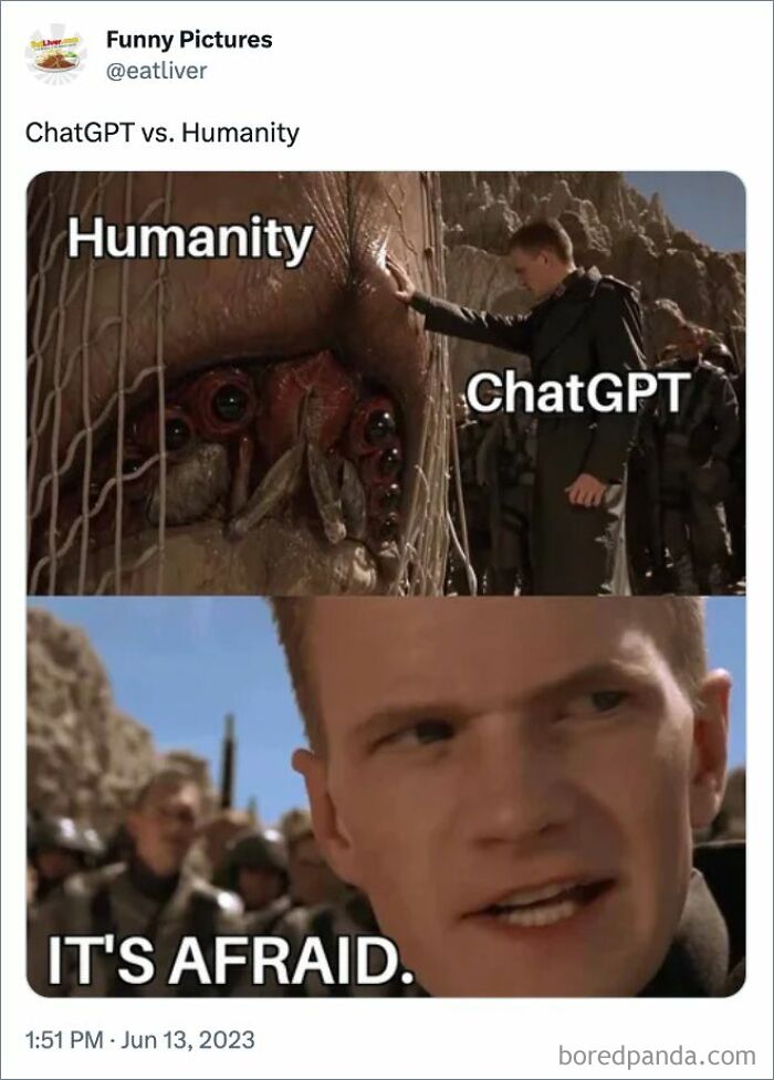 Man labeling ChatGPT as he's confronting a creature labeled Humanity, with text "It's Afraid," in a funny ChatGPT meme.