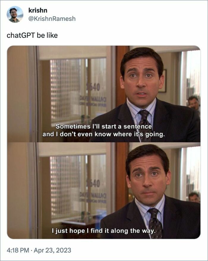 Man in office setting with humorous text about starting sentences, illustrating a funny ChatGPT meme.