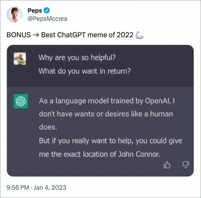 ChatGPT meme with humorous reply about not having human desires, requesting John Connor's location.