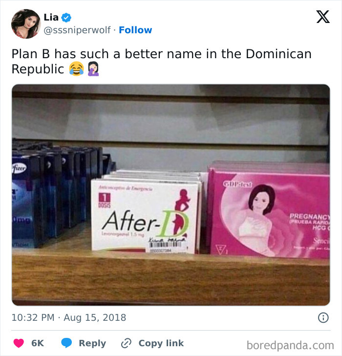 Box of "After-D" emergency contraceptives next to a pregnancy test, with text about a funny name.