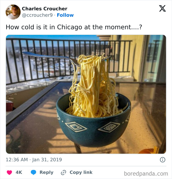 Frozen pasta in a bowl on a balcony, illustrating a weather meme.