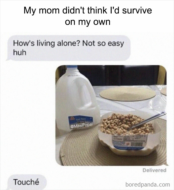 Weird meme of cereal served in a plastic container, with a milk jug, highlighting humorous take on living alone.