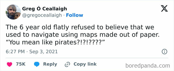 Funny and polite meme about a child's disbelief in using paper maps, likening them to pirates.