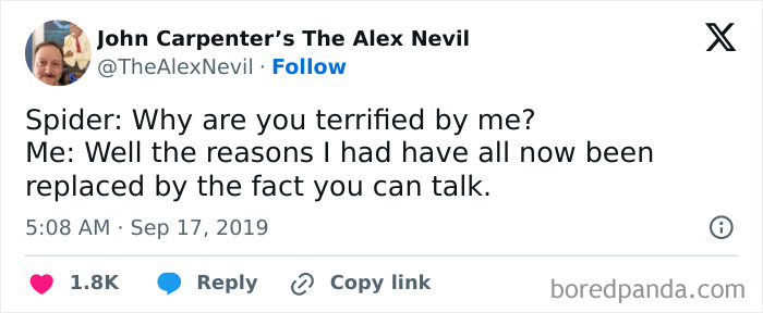 Funny meme about a talking spider, shared by a Facebook page without making fun of anyone.