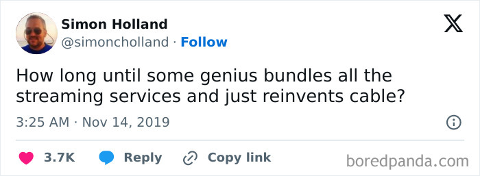 Tweet humorously questions if combining streaming services will recreate cable.