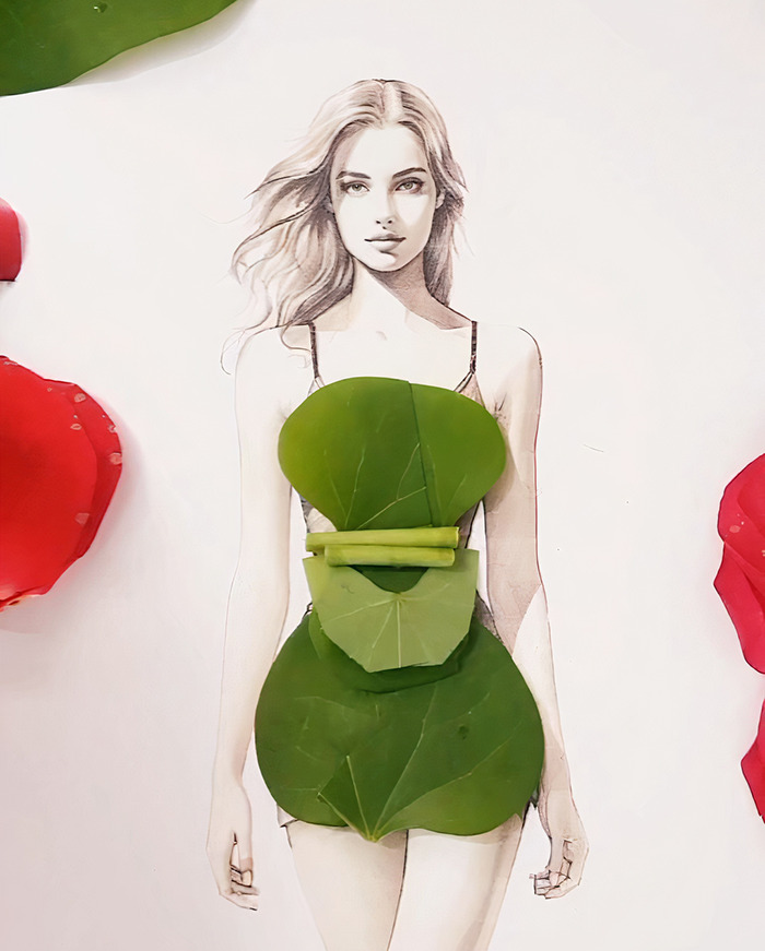 A drawing of a woman dressed in real flower petal gown