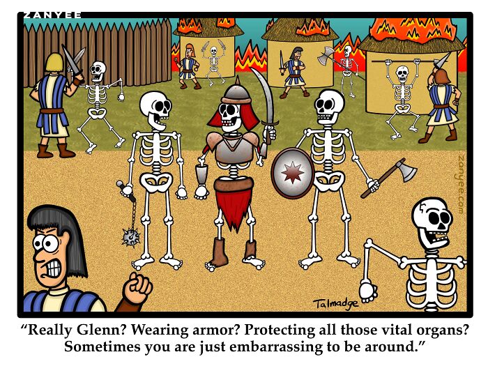 Three skeletons battling