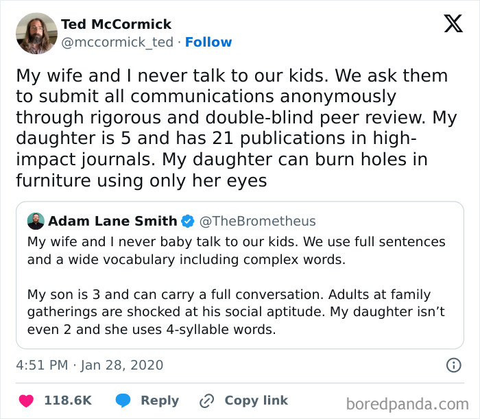 Funny engineering meme with a tweet about kids using advanced vocabulary and peer review for communication.