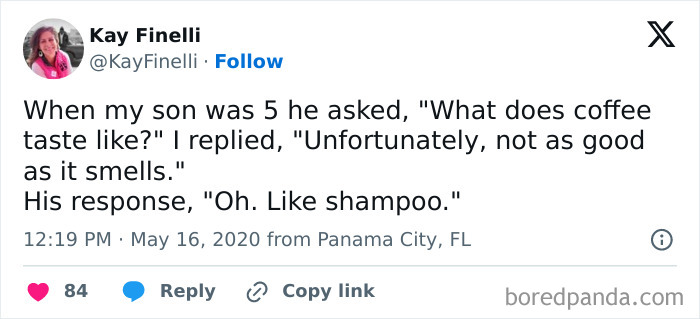 Funny and polite meme about a child's humorous reaction to coffee taste compared to shampoo.