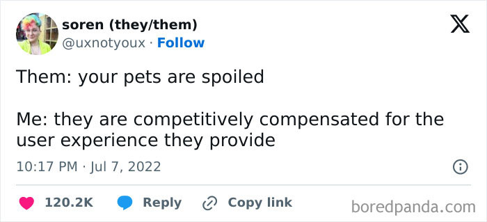 A dog meme featuring a Twitter post by soren (@uxnotyoux) with the caption, "Them: your pets are spoiled Me: they are competitively compensated for the user experience they provide." The tweet is dated July 7, 2022, at 10:17 PM, and has several reactions, including likes and retweets. The humorous response emphasizes the value and joy pets bring to their owners, justifying their pampering.
