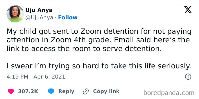Tweet about a child sent to Zoom detention for not paying attention in 4th grade, reflecting relatable memes humor.