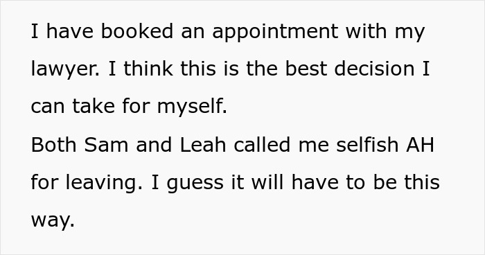 Text from a woman explaining she booked a lawyer after being called selfish for not sacrificing her life for a baby. Text from a woman explaining she booked a lawyer after being called selfish for not sacrificing her life for a baby.