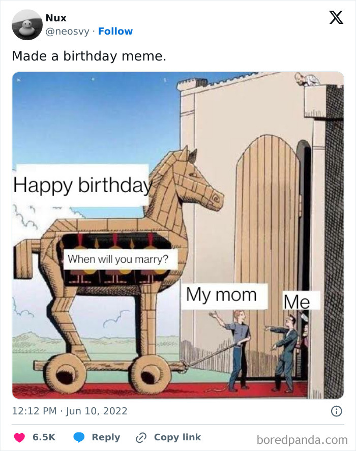 Trojan horse meme with text "Happy birthday" and "When will you marry?" for a funny birthday celebration.