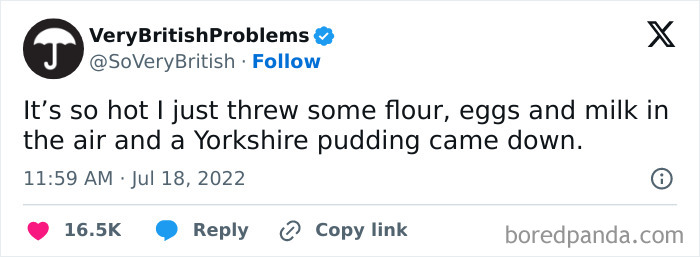 British weather meme about extreme heat and spontaneous cooking of Yorkshire pudding in hot air.