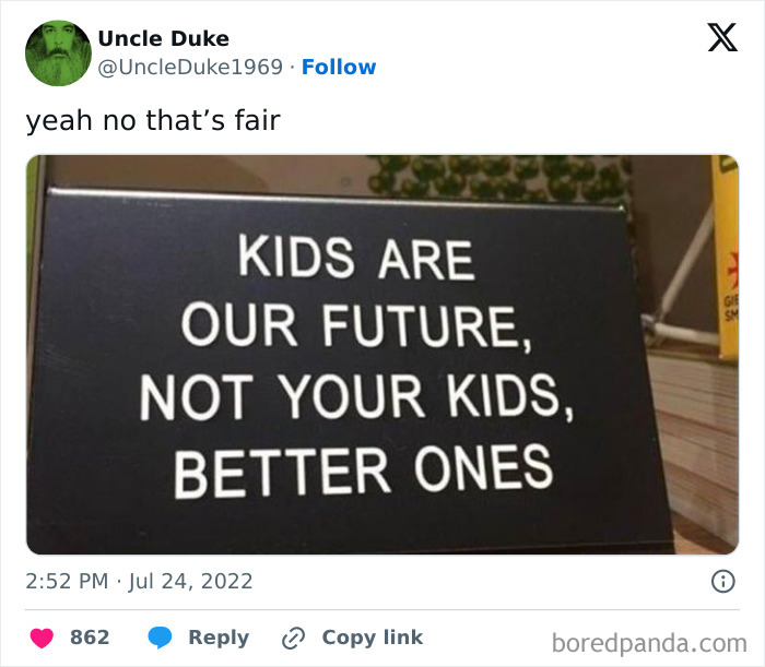 Tweet showing a humorous sign about kids as the future, highlighting funny posts from parents sharing their sanity struggles.