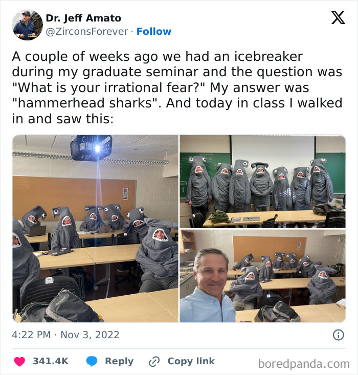 Students in shark costumes fill a classroom, illustrating a funny and polite meme theme.