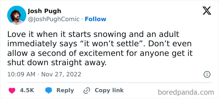 Snowing weather meme about adults saying, "it won't settle," dampening excitement for potential snowfall.