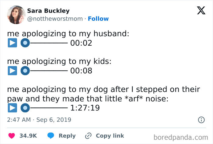 A dog meme showing a tweet by Sara Buckley. The tweet humorously compares the duration of apologies given to different family members. It reads: "me apologizing to my husband: 00:02, me apologizing to my kids: 00:08, me apologizing to my dog after I stepped on their paw and they made that little arf noise: 1:27:19." This highlights the extra care taken when apologizing to a beloved pet.
