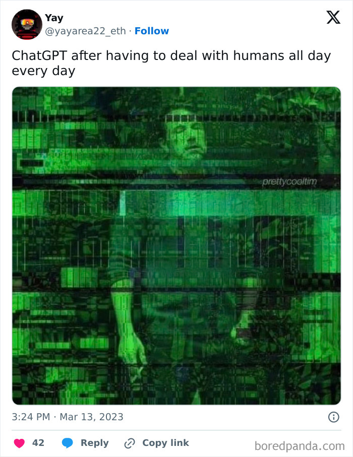 Glitched image symbolizes funny ChatGPT meme about dealing with humans daily.