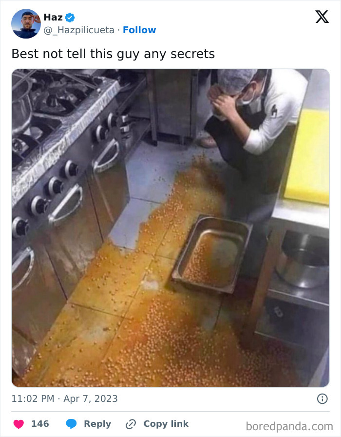 Chef spills beans on kitchen floor, holding head in hands. Humorous meme for pun enthusiasts.