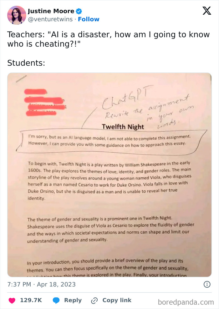 ChatGPT meme about Twelfth Night assignment with humorous teacher-student AI cheating dilemma.