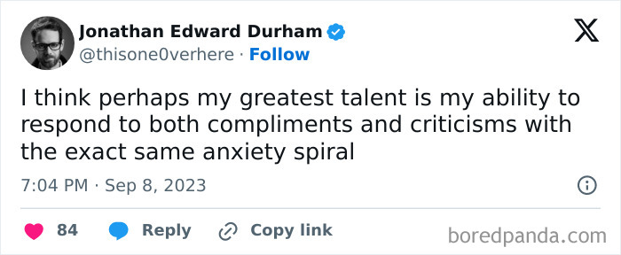 Funny and polite meme about reacting to compliments and criticisms with anxiety, shared by a Facebook page.