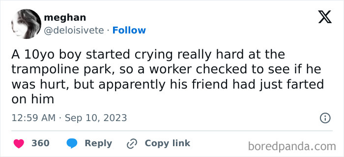 Tweet from a parent about a funny moment with a crying boy at a trampoline park, highlighting parenting humor.