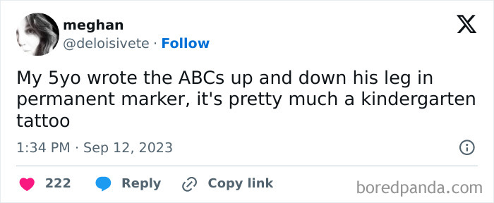 Tweet from a parent humorously sharing about their child writing ABCs on his leg with permanent marker as a funny parenting moment.