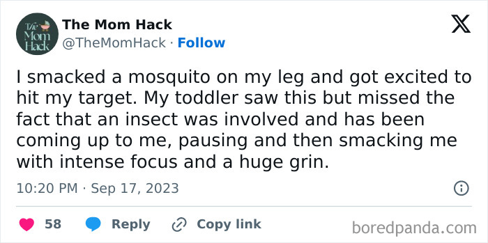 Tweet from a parent humorously describing their toddler imitating them smacking a mosquito, highlighting funny parenting moments.